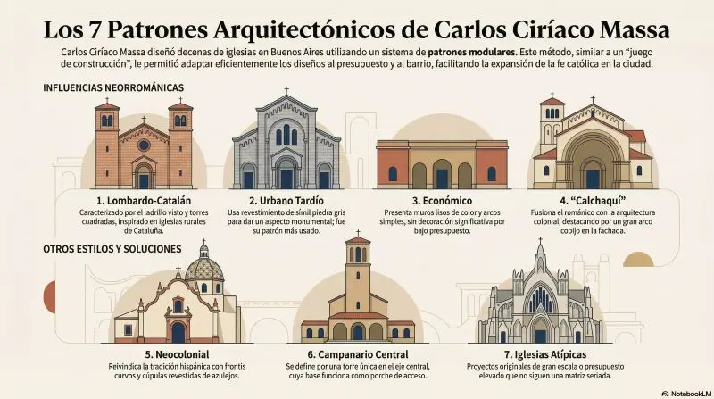 Ifografia sobre el estilo arquitectonico de los templos construidos por carlos ciriaco massa