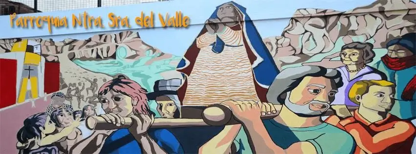 La imagen muestra un mural que representa a la Parroquia Nuestra Señora del Valle. 
El mural se encuentra en la Parroquia Nuestra Señora del Valle, ubicada en el barrio de recoleta, Ciudad Autónoma de Buenos Aires, Argentina.