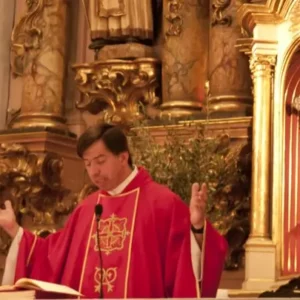Esta imagen muestra a un sacerdote oficiando una misa en una iglesia con un altar ornamentado